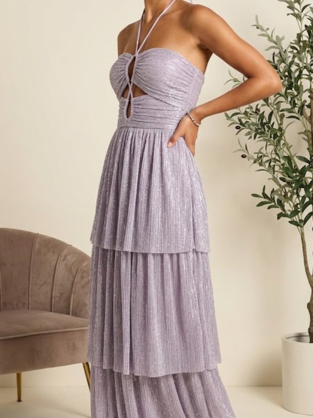 Sabina‎ Musayev Designer Halter Dress Womens Small Purple Tiered Shimmer Prom